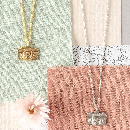 Camera Charm Necklace – Matte Sterling Silver or 14K Gold Over Sterling | Perfect for Photography Lovers