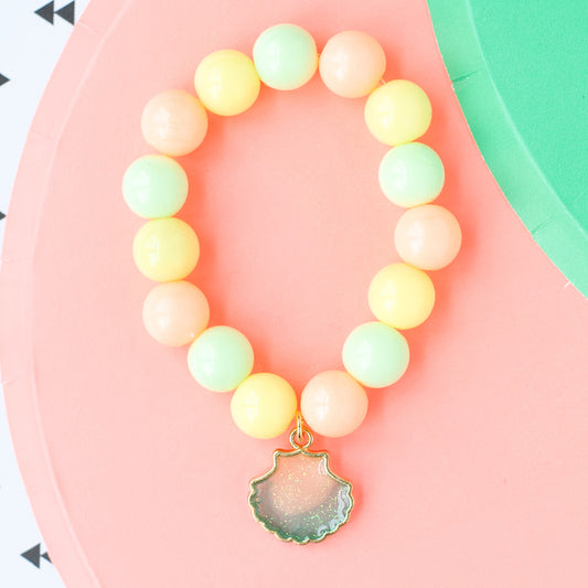 Children’s Stretchy Beaded Bracelet with Blue Enamel Shell Charm – 14K Gold Over Sterling Silver | Colorful & Safe