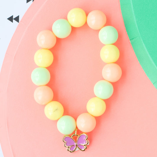 Children’s Stretch Beaded Bracelet with Purple Enamel Butterfly Charm – 14K Gold Over Sterling Silver | Colorful & Safe