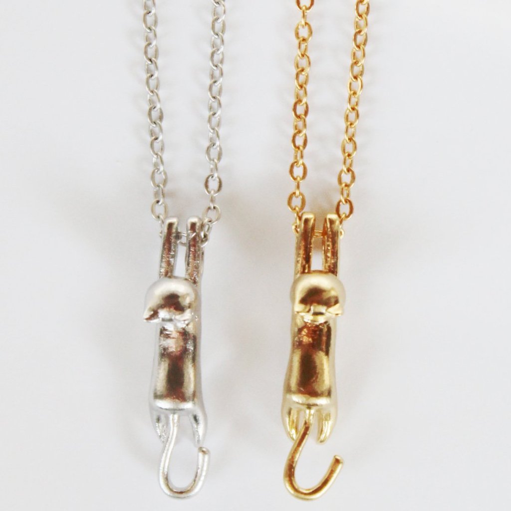 14k Gold or Sterling Silver Cat Hanging Charm Pendant Animal Pet Necklace