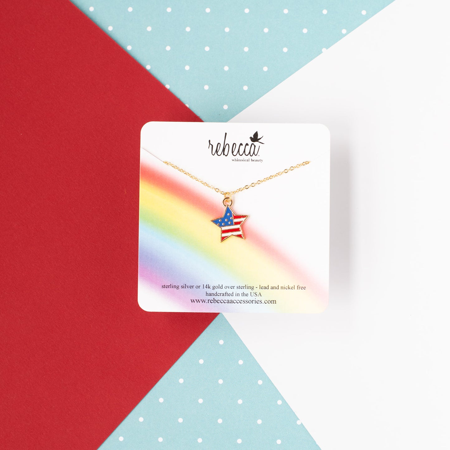 USA Flag Star Enamel Charm Necklace – 14K Gold Over Sterling Silver | Patriotic Jewelry