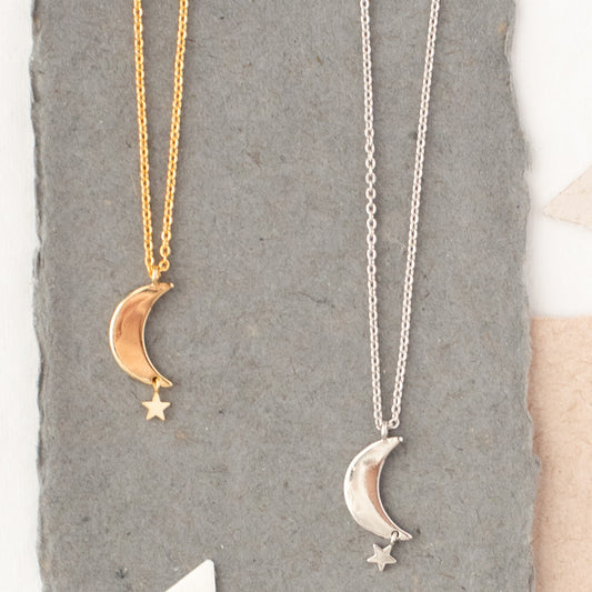 Moon and Star Charm Necklace – Sterling Silver or 14K Gold Over Sterling Silver | Celestial Inspired Jewelry