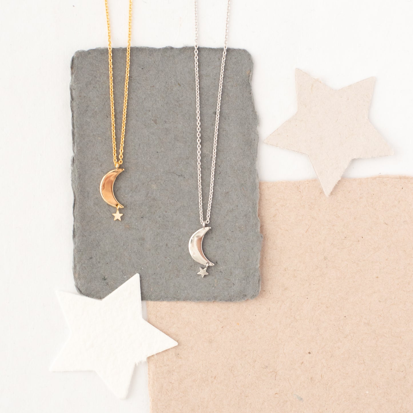 Moon and Star Charm Necklace – Sterling Silver or 14K Gold Over Sterling Silver | Celestial Inspired Jewelry