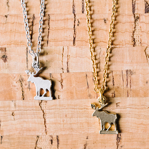 Mini Moose Charm Necklace – Matte Sterling Silver or 14K Gold Over Sterling | Nature-Inspired Jewelry