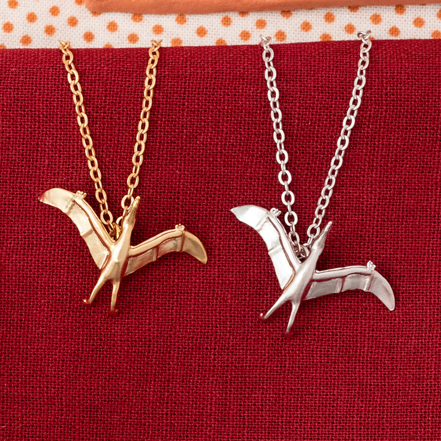 Pterosaurs Dinosaur Charm Necklace – Matte Sterling Silver or 14K Gold Over Sterling | Unique Prehistoric Jewelry