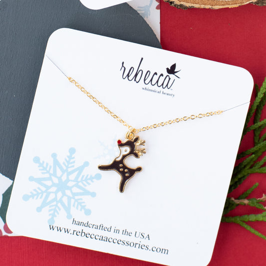 Red Nose Reindeer Enamel Necklace – 14K Yellow Gold Over Sterling Silver | Festive Jewelry for Kids and All Ages