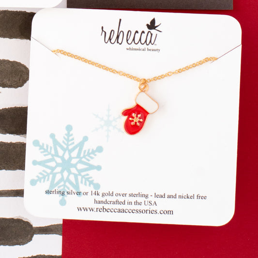 Red Mitten Enamel Necklace with Snowflake Detail – 14K Yellow Gold Over Sterling Silver | Festive Jewelry for Kids