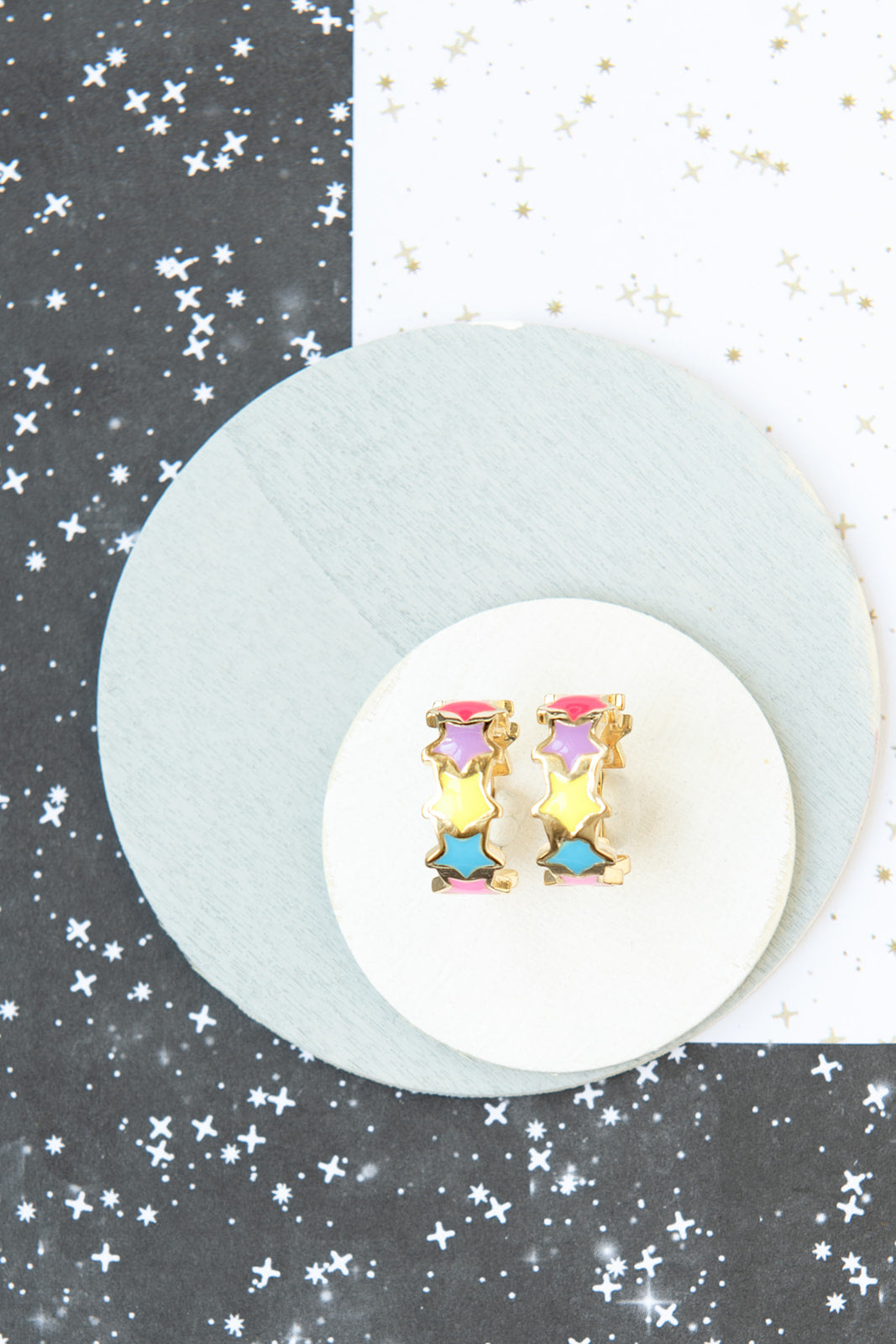 Star Enamel Rainbow Colors Huggy Hoop Earring