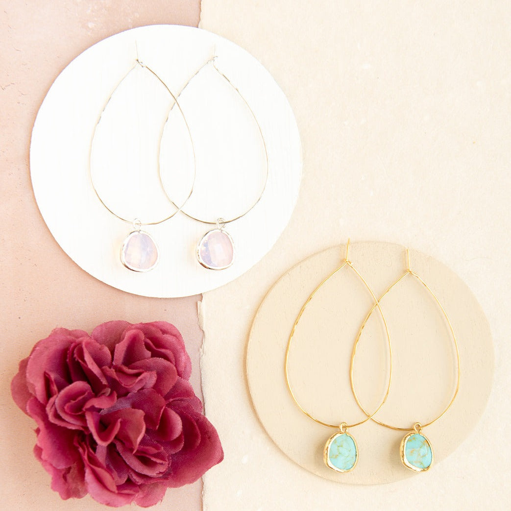 Faceted Gemstone Hoop Earrings – Hammered Teardrop Style | Sterling Silver or 14K Gold Over Sterling Silver