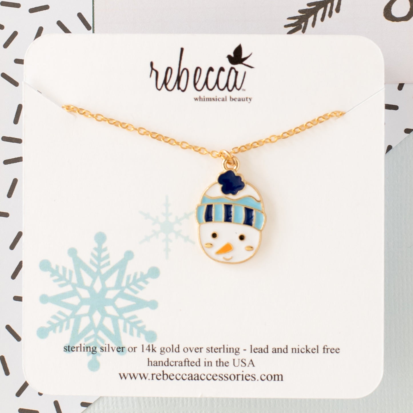 Snowman with Blue Hat Enamel Charm Necklace – 14K Gold Over Sterling Silver | Perfect for All Ages