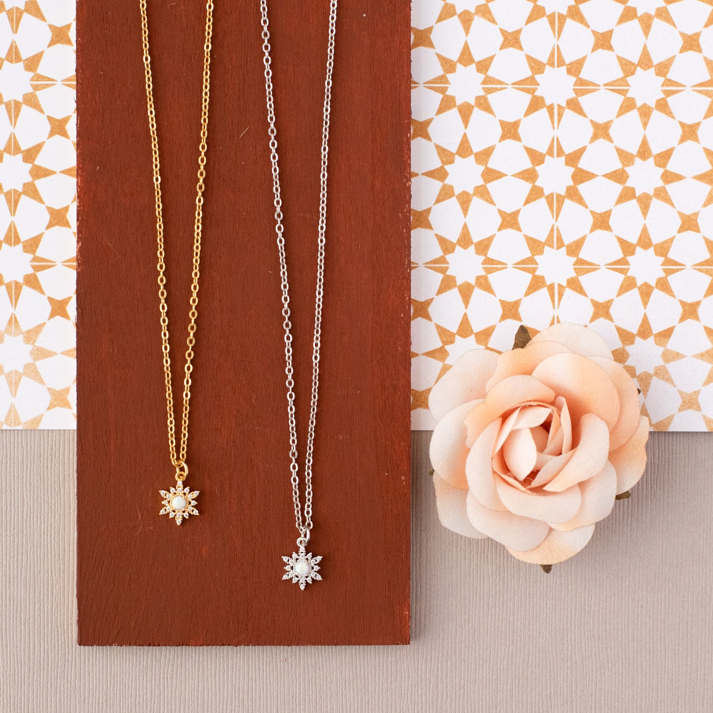 Snowflake Charm Necklace with Iridescent Opal & CZ Stones – Sterling Silver or 14K Gold Over Sterling | Elegant Winter Jewelry