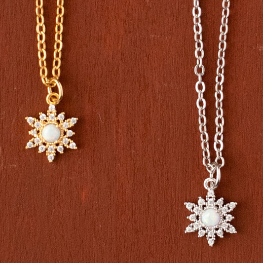 Snowflake Charm Necklace with Iridescent Opal & CZ Stones – Sterling Silver or 14K Gold Over Sterling | Elegant Winter Jewelry