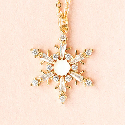 CZ Snowflake Charm Necklace with White Gemstone Center – Elegant Winter Jewelry