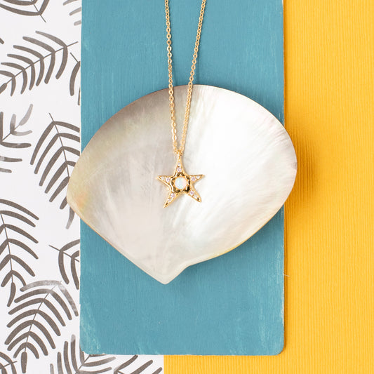 14k Gold Star Opal and Cubic Zirconia Charm Necklace