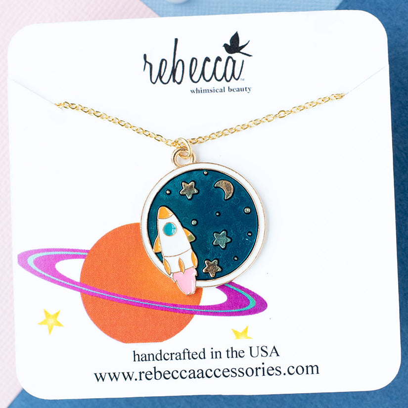 Enamel Rocket, Moon & Stars Pendant Necklace – Designed for Kids, Perfect for All Ages | 14K Gold Over Sterling Silver