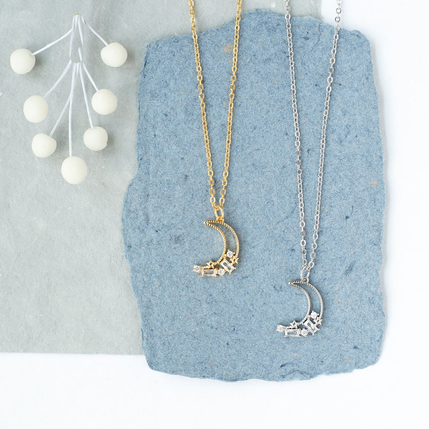Starry Moon CZ Stones Charm Dainty Pendant Necklace