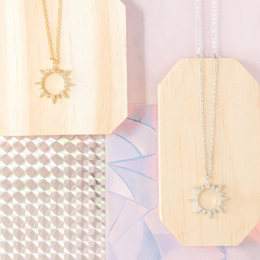 14k Gold or Sterling Silver Sun Cubic Zirconia Pendant Charm Necklace Celestial