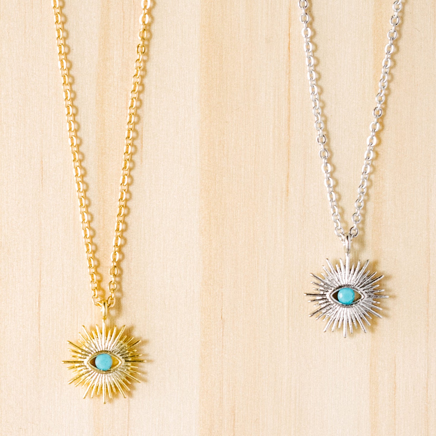 Sunburst Charm Necklace with Turquoise Evil Eye – Matte Sterling Silver or 14K Gold Over Sterling | Protective & Stylish Jewelry