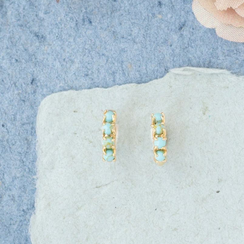 14k Gold Turquoise Stone Huggie Hoop Earring