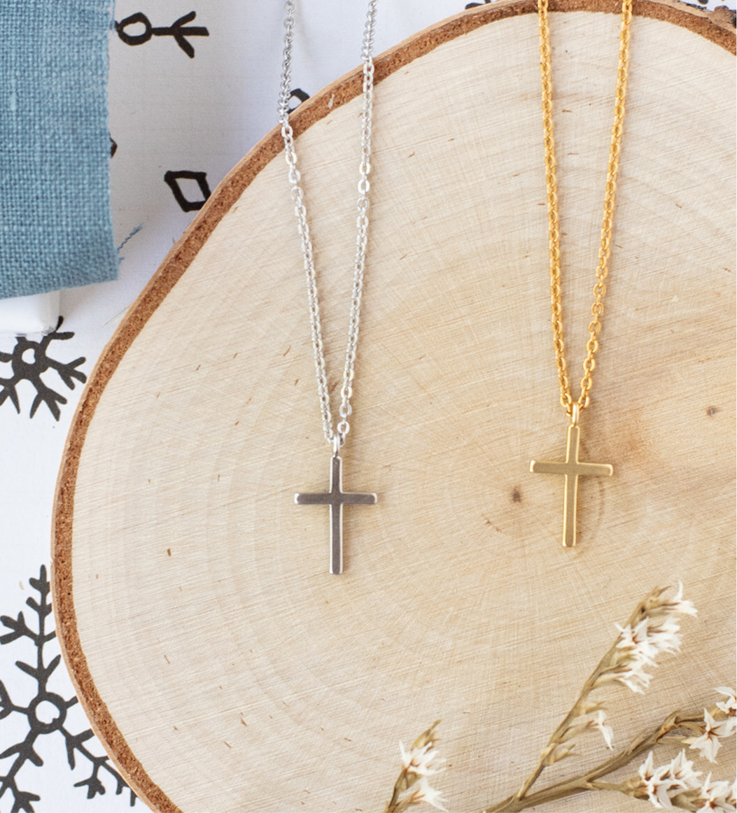 14k Gold or Sterling Silver Simple Dainty Cross Charm Pendant Necklace