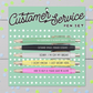Set of pens with humorous sayings on a polka dot card labeled 'Customer Service Pen Set'.