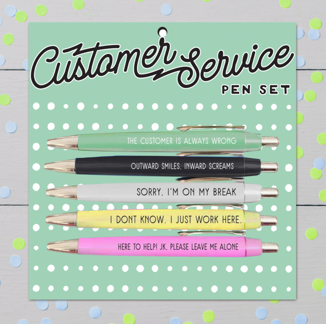 Set of pens with humorous sayings on a polka dot card labeled 'Customer Service Pen Set'.