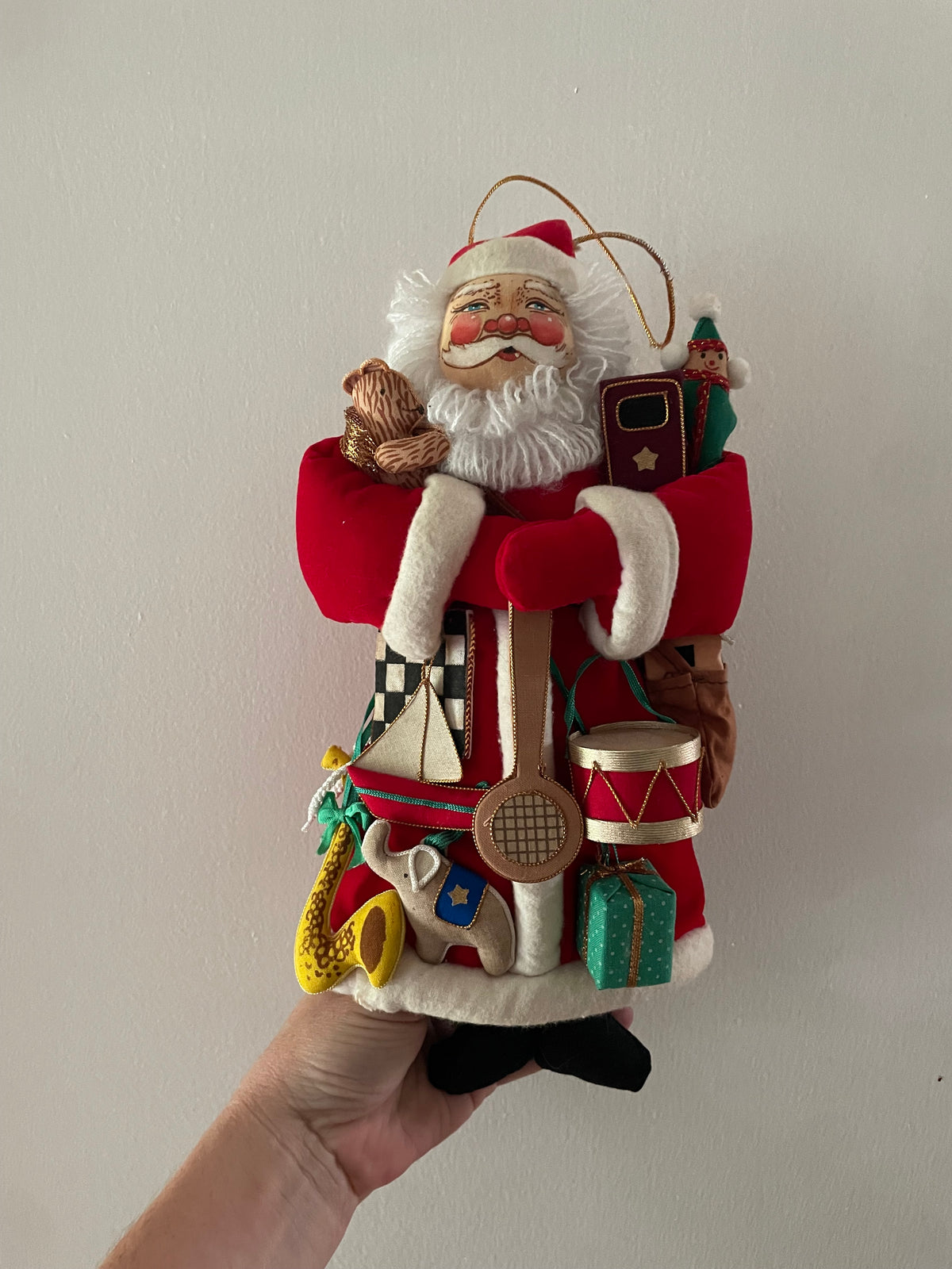Vintage 1990s Christmas Corner Collection Santa Claus Ornament with Velvet Toy Jacket – 12" Hanging Holiday Decoration