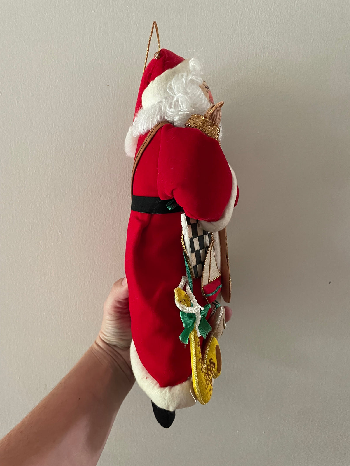 Vintage 1990s Christmas Corner Collection Santa Claus Ornament with Velvet Toy Jacket – 12" Hanging Holiday Decoration