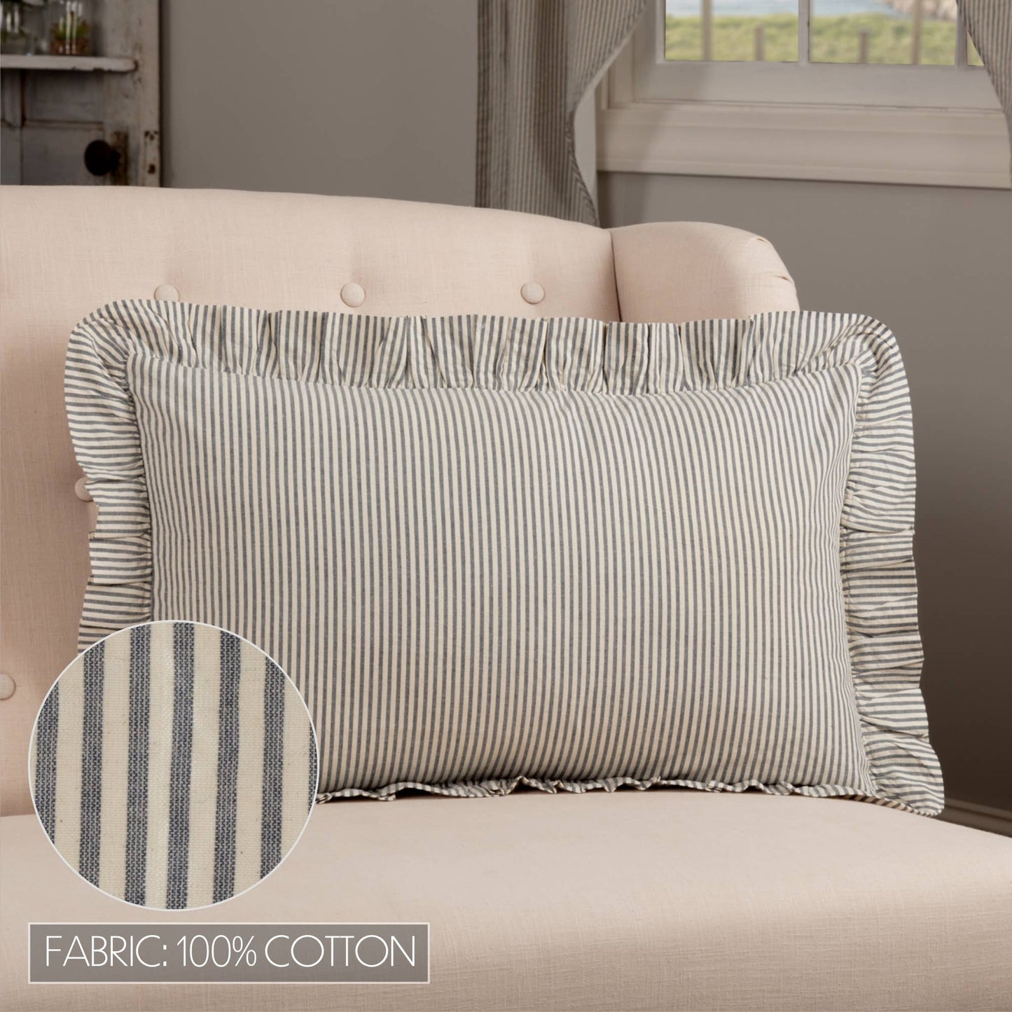 Farmhouse Ticking Stripe Pillow 14x22– Blue Seersucker
