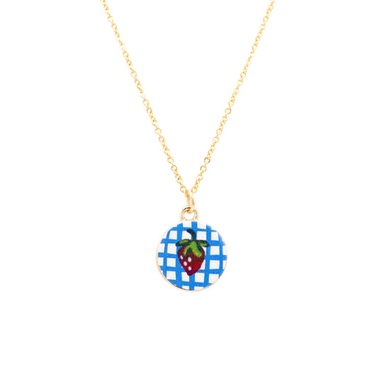 Gingham and Strawberry Enamel Charm 14k Gold Necklace Hypoallergenic