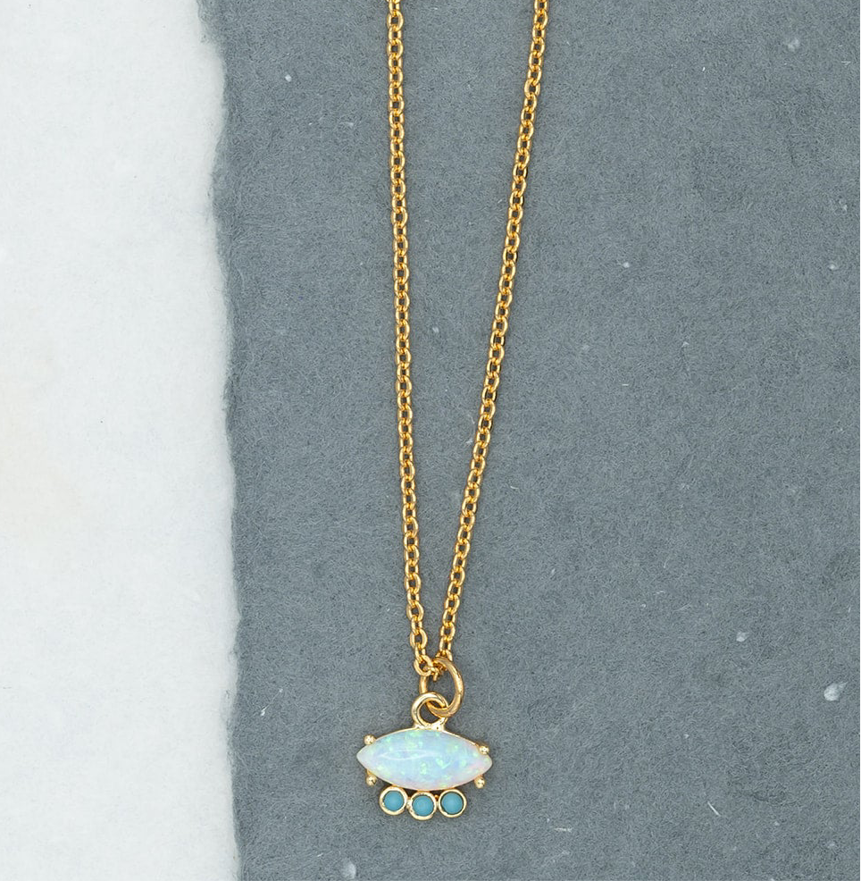 14k Gold Evil Eye Opalite Turquoise Charm Necklace Hypoallergenic