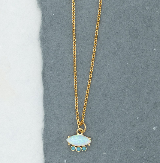 14k Gold Evil Eye Opalite Turquoise Charm Necklace Hypoallergenic