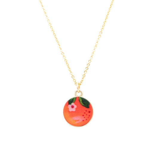 Orange Enamel Charm on 14k Gold Necklace Fruit Hypoallergenic