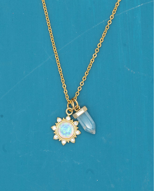 14k Gold Opal & Quartz Dagger Charm Necklace Hypoallergenic