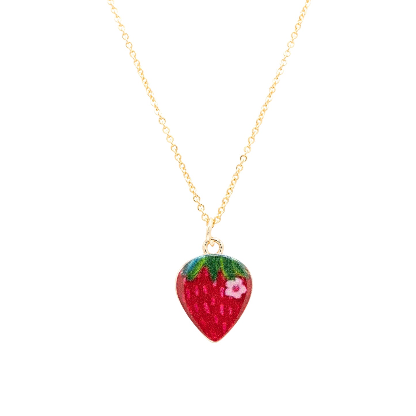 Enamel Strawberry Fruit Charm 14k Gold Necklace Hypoallergnic