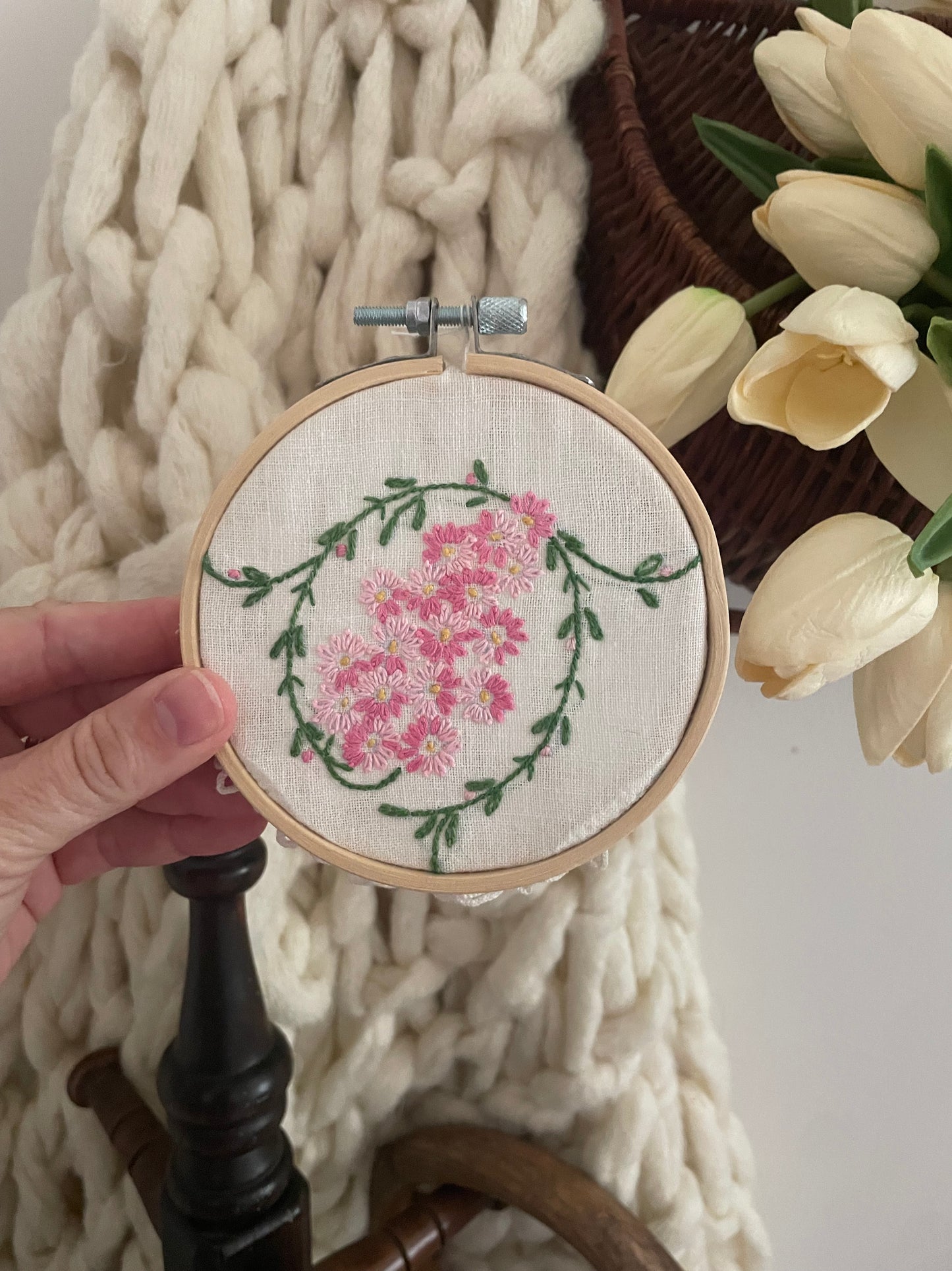 Wall Hanging Vintage Handkerchief Inside Wood Embroidery Hoop