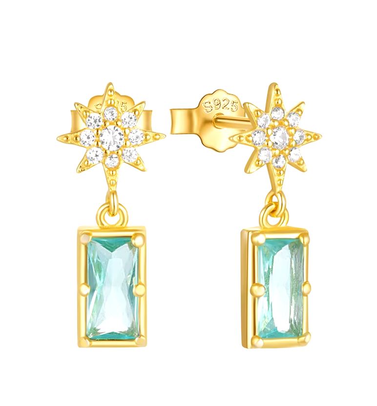 Aquamarine Star Dangle Post Earring Gemstone Gift CZ Stud