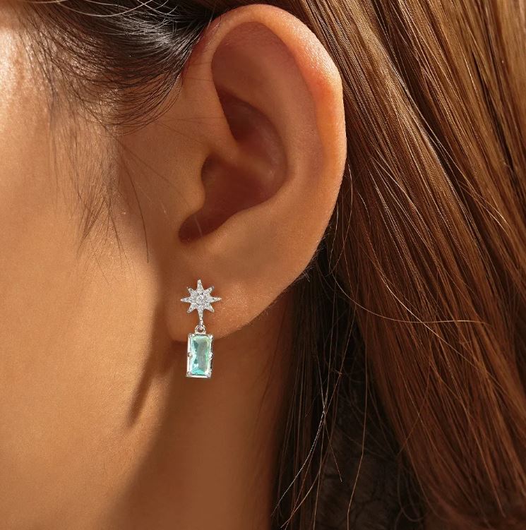 Aquamarine Star Dangle Post Earring Gemstone Gift CZ Stud