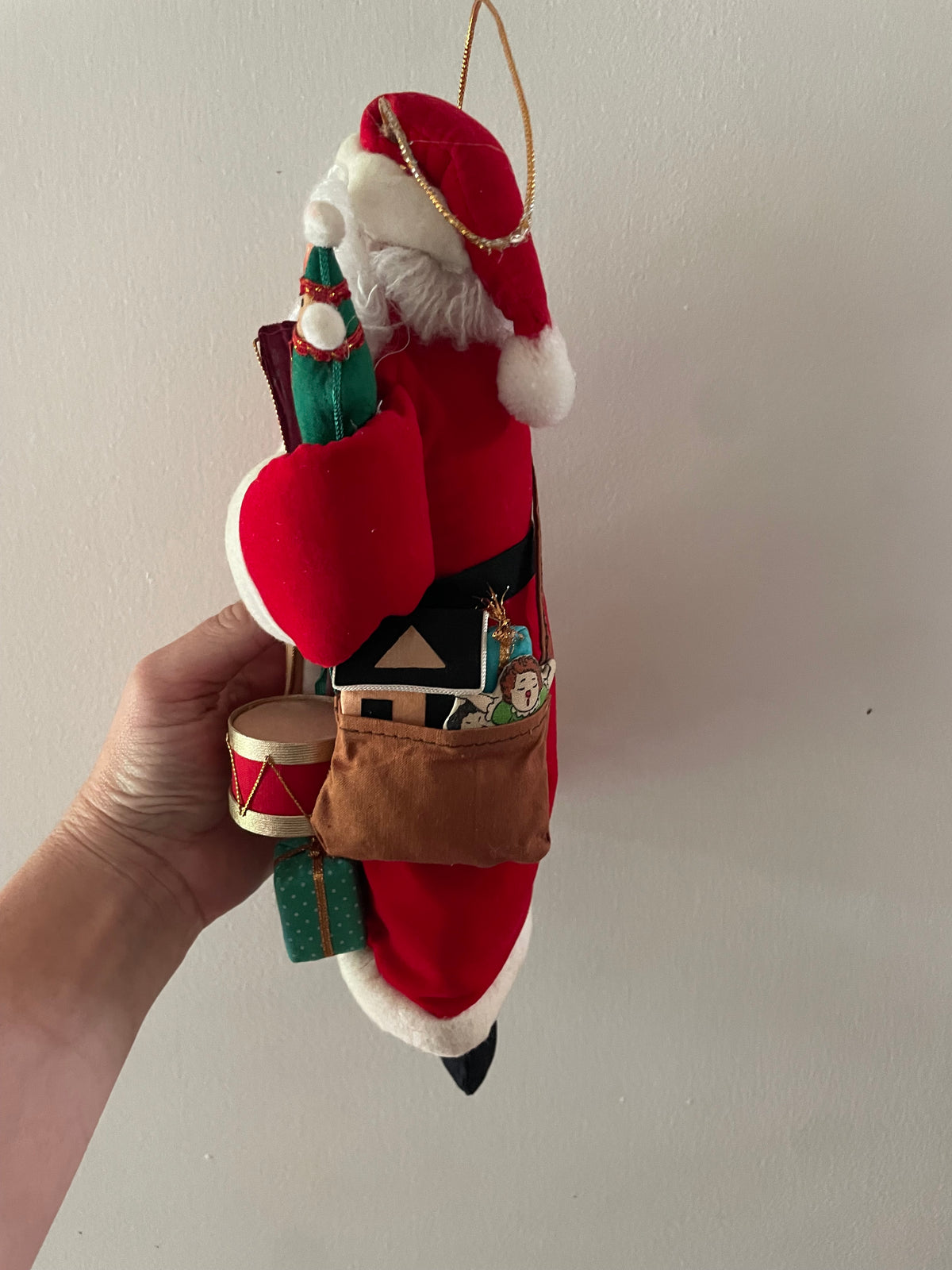 Vintage 1990s Christmas Corner Collection Santa Claus Ornament with Velvet Toy Jacket – 12" Hanging Holiday Decoration