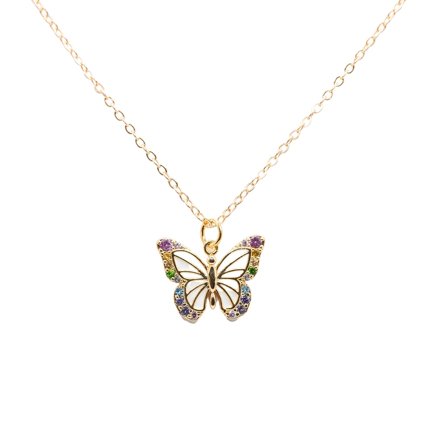 Butterfly Insect Rainbow CZ Enamel Charm Necklace