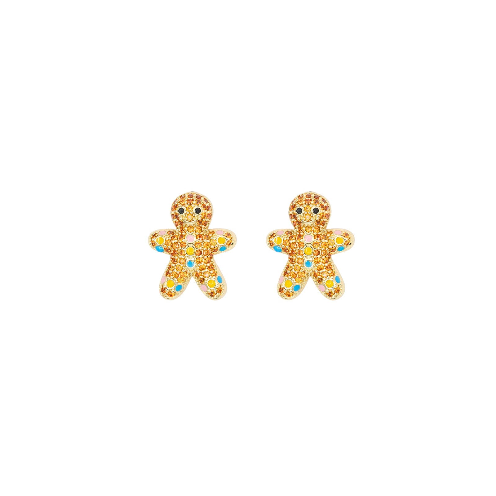 Gingerbread man-shaped earrings with rhinestones on a white background