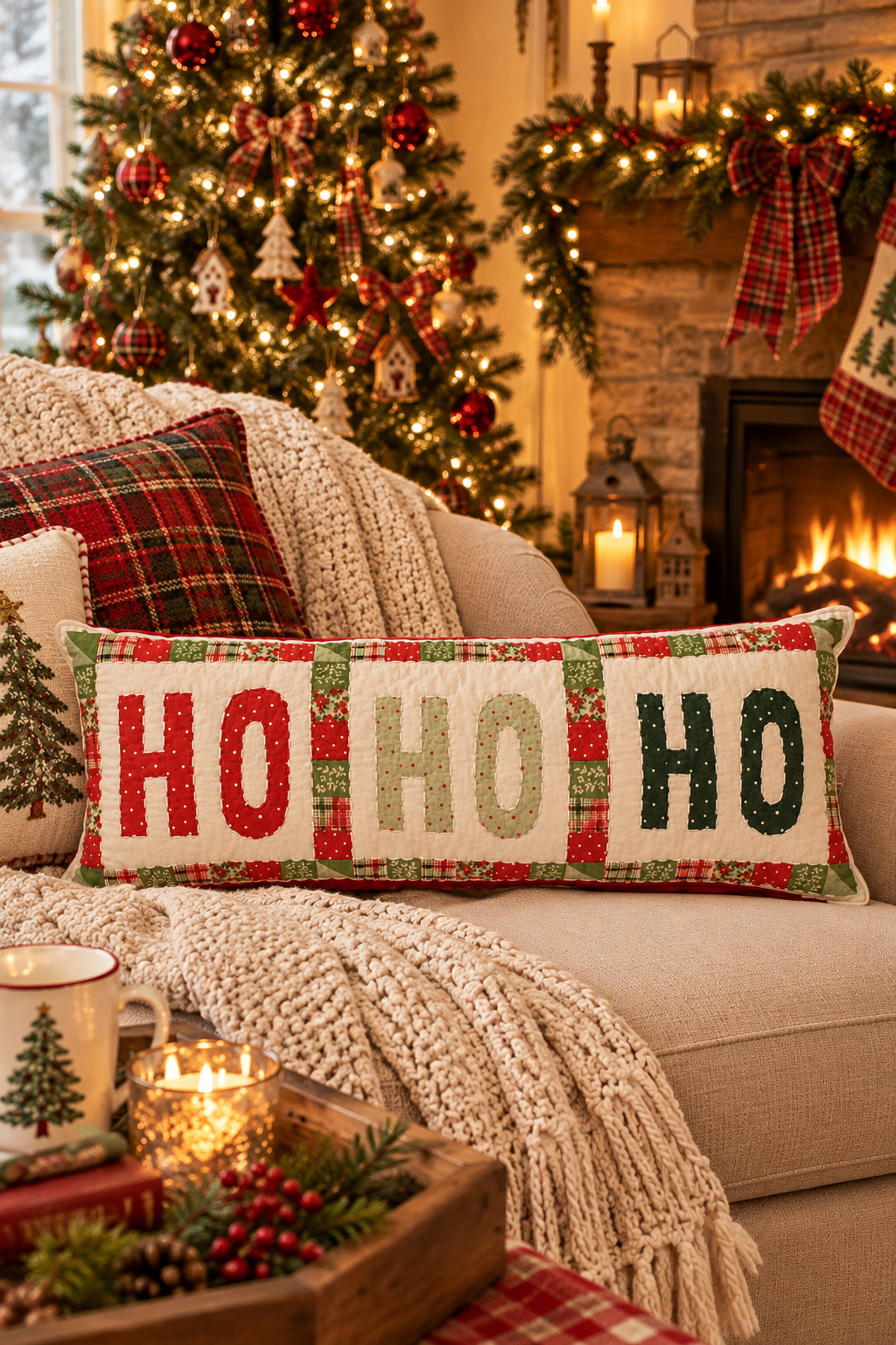 Ho Ho Ho Christmas Quilted Pillow – Festive Holiday Accent