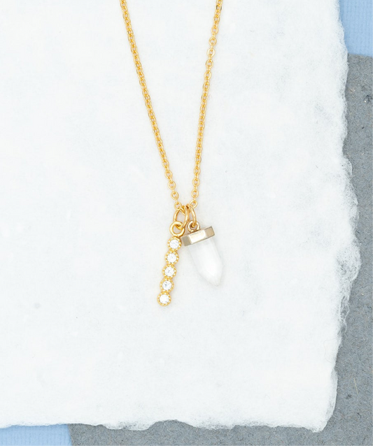 14k Gold Quartz Dagger, CZ Bar Charm Necklace Hypoallergenic