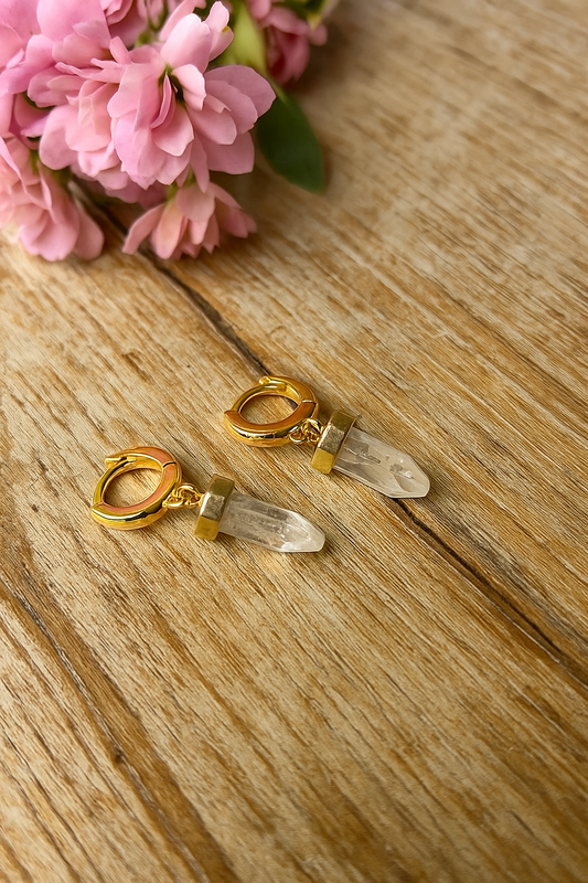 Quartz Pointed Dagger Gemstone Huggie Hoop 14k Gold Earring