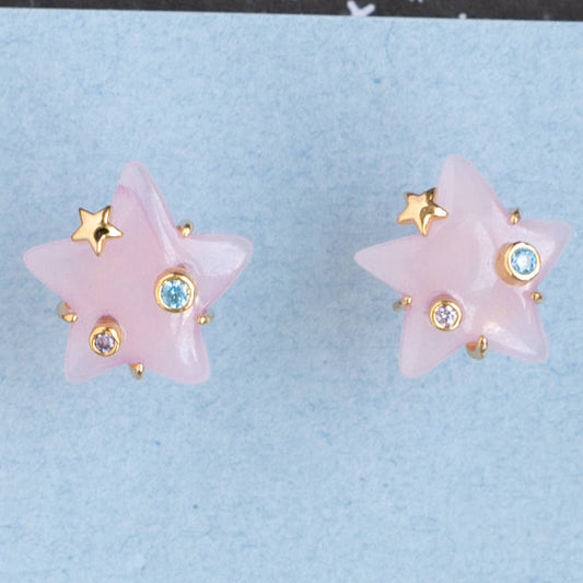 Pink Jade Star Cubic Zirconia Post Stud Earring Gold