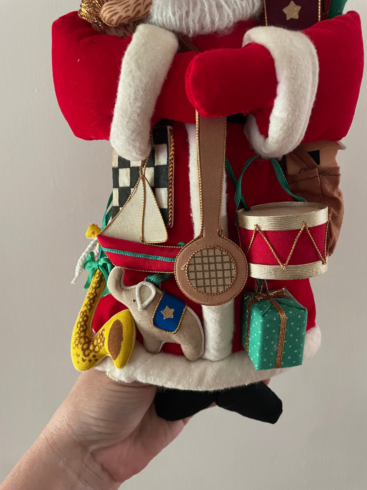 Vintage 1990s Christmas Corner Collection Santa Claus Ornament with Velvet Toy Jacket – 12" Hanging Holiday Decoration