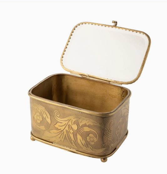 Antiqued Brass Etched Footed Jewelry Storage Box with Beveled Glass Lid