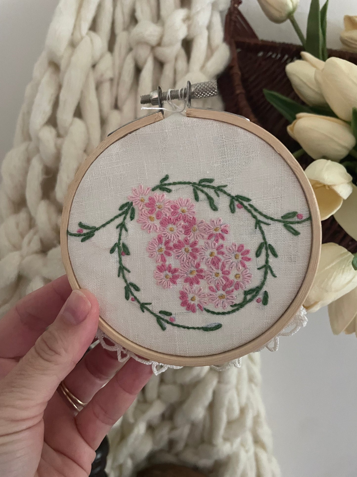 Wall Hanging Vintage Handkerchief Inside Wood Embroidery Hoop