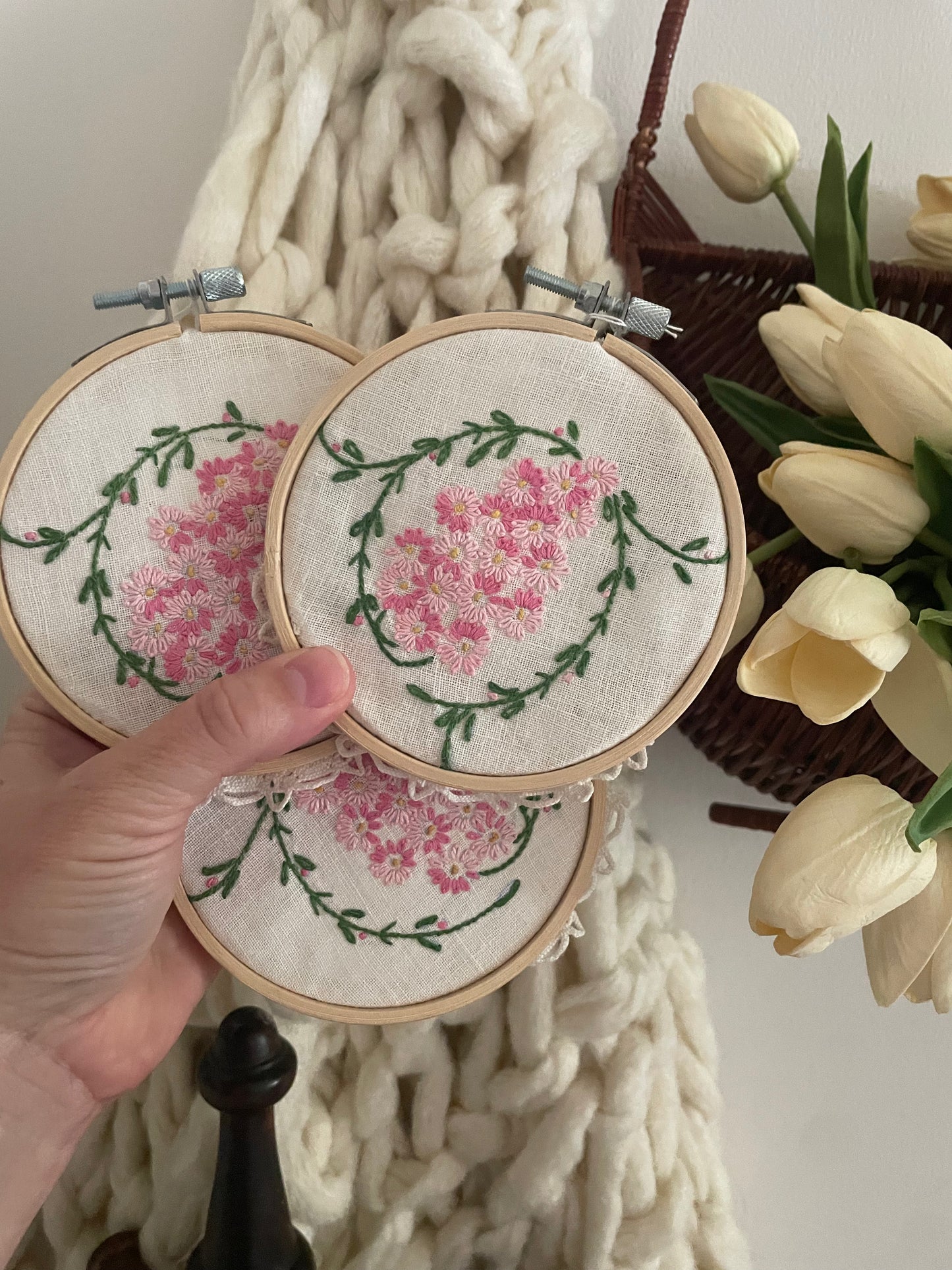 Wall Hanging Vintage Handkerchief Inside Wood Embroidery Hoop