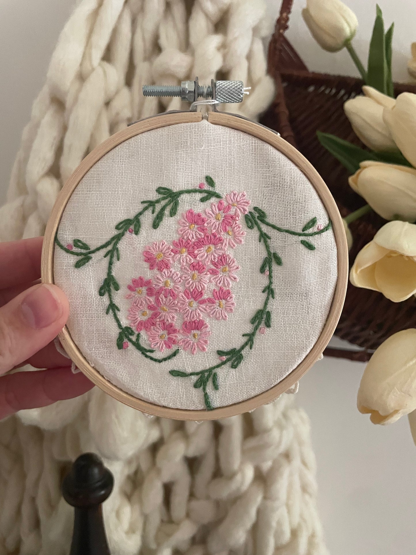 Wall Hanging Vintage Handkerchief Inside Wood Embroidery Hoop